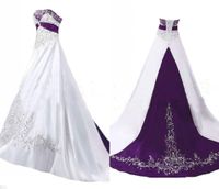 Unico ricamo viola e bianco a linea abiti da sposa abiti da sposa abito da sposa senza spalline corsetto posteriore satinato paillettes perline su misura