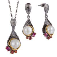 ビンテージ高級ネックレス+ドロップイヤリング水滴ペンダント女性レッドジルコンジュエリーセット女性のための真珠と