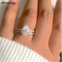 choucong 워터 드롭 약속의 손가락 반지 925 스털링 실버 다이아몬드 약혼 반지 여성을위한 반지 세트 남성 웨딩 쥬얼리