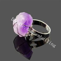 10Pcs Amethyst Raw Stone Natural Crystal Ring Handmade Silver Plated Copper Wire Wrapp Rough Purple Amethyst Gem Chunk Ring Adjustable Size