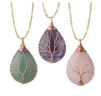 10Pcs/lot Vintage Tree of Life Wire Wrapped Copper Teardrop Natural Gemstones Pendant Necklace for women gift