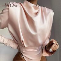 Artsu Elegante Satin Rosa Bluse Langarm Bodysuits Tops Frauen 2020 Frühling Neue Strampler Mujer Damen Nette Hemden ASJU60703 MX200402