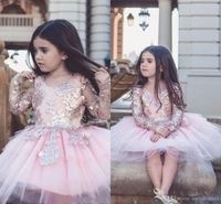 2019 Lovely Blush Pink Tulle Vestido de niña de flores Lindo de manga larga con lentejuelas Vestido de bola Princesa Chica Fiesta formal de cumpleaños Pageat Vestido de novia