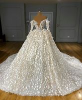 Vestido de bola de lujo Vestidos de novia Fuera del hombro Encaje 3D Appliques Florales árabes Vestidos nupciales Largos Vintage Robes de Soiree Pearls