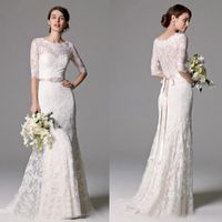 2019 Vintage Lace Wedding Dresses with Beaded Ribbon Buttons Back Wedding Gowns Half Sleeves Cheap Dress