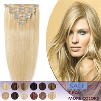 100% Remy İnsan Saç Uzantıları Klip Sınıf 8A Tam kafa 7 adet Kadınlar için 120g Uzun Yumuşak Ipeksi Düz Moda # 613 Bleach Sarışın