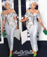 2020 Nuovo Aso Ebi stile fuori dalla spalla Prom abiti a maniche corte d'argento Mermaid tea-lunghezza occasione convenzionale Nigern Style Prom Dresses personalizzato