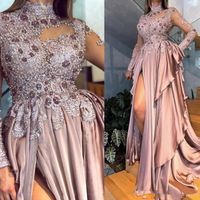 Arabic Beaded Appliques Long Sleeves Prom Dresses Sexy High Neck Dusty Pink Chiffon Formal Evening Gowns Party Ball Dress Vestido de fiesta