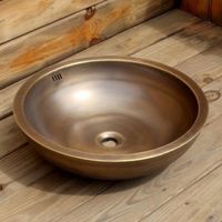 銅の洗面器、バスルームテラス、アートテラックダブルボウルシンクラウンド銅バニティシンクスムーズな表面バスルームシンク真鍮製品中国のシンク