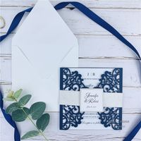 Fabulosas invitaciones de boda del láser azul marino con la banda y la etiqueta del vientre de Glitter, proporcionan la impresión gratuita y el envío gratuito