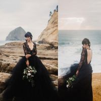 Sexy Beach Black Wedding Dresses 2020 Deep V Neck Illusion Long Sleeves Lace Top Tulle Skirt Gothic Backless Wedding Bridal Gowns withTrain