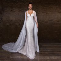 Sparkly Sequin Mermaid Bröllopsklänningar med Chiffon Wrap Spaghetti Strap Chapel Slott Bröllopslitage Pearl Crystal Bridal Dress 2019