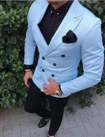 Mode Licht Blauer Bräutigam Smoking Ausgezeichnete Zweireiher Groomsmänner Hochzeitsjacke Blazer Männer formale Abschlussball- / Abendessenanzug (Jacke + Pants + Krawatte) 1206