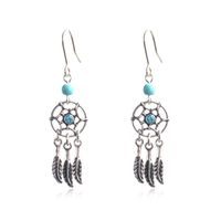 Hot sale Dream catcher alloy earrings for women girl Europe and America leaf tassel dangle long earrings antique silver jewelry