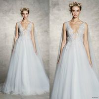 Marchesa A Line Boho Bröllopsklänningar 2020 Lace Appliqued V Neck Sweep Train Beach Bröllopsklänning Anpassad Plus Size Bohemian Bridal Gowns