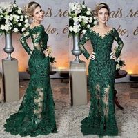 Newest Dark Green Mother of The Bride Dresses Sheer Jewel Neck Lace Appliques Long Sleeve Mermaid Formal Evening Prom Dress