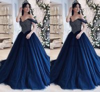 2022 Blue Pearls Modern Quinceanera Prom Abiti da ballo da spalla con maniche Tulle Seuins Party Long Party Dolce 15 Vestidos de Dress