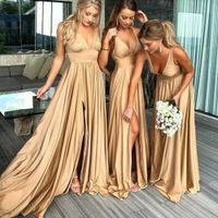 Cheap Bridesmaid Dresses 2019 Deep V Neck Front Slit Chiffon...