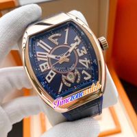 New Vanguard loucos Horas V45 Automatic Mens Watch Rosa de Ouro Dial Azul 3D número Diamante Marcadores Couro Borracha Relógios Timezonewatch E176b2