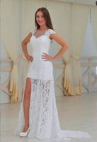 Bohemian Sexy Style Full Lace A-Line Wedding Dresses Side Split Cap Sleeve See Through Back Floor Length Sheath Bridal Gowns Custom Size