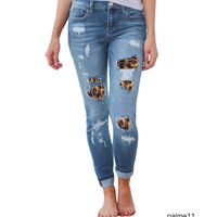 Kadın Plus Size Yüksek Bel Skinny Jeans Katı Leopar Patchwork Düzensiz Oluklu Delikler Uzun Kalem Pantolon Gündelik Stretch İnce LQ5F