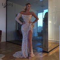 Luxury Off Shoulder Mermaid Prom Dresses Sexy One Shoulder Long Sleeves High Side Split Evening Gown Plus Size Formal Party Gown