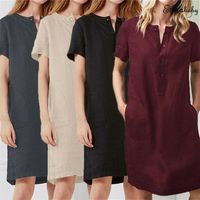 Artı Boyutu Kadınlar Elbise Düğmesi Pamuk Keten Orta Buzağı Elbise Kısa Kollu Cep Katı Gevşek Rahat 2019 Yaz Yeni Elbiseler