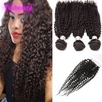 Brazilian Human Hair Bundles With 4X4 Lace Closure Middle Free Three Part Kinky Curly 4Pcs/lot Virgin Hair Bundles With Closures