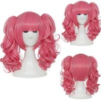 Envío gratis rosa cosplay anime wig corto rizado lolita cosplay peluca banda 2 clip de cola de caballo