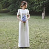 Vestidos de noiva de cetim vintage com mangas curtas 2020 marfim até o chão vestidos de casamento simples vestido de noiva
