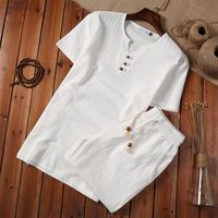 القطن الكتان النمط الصيني الرجال الأبيض قميص السراويل مجموعة البلوز زر قصيرة الأكمام قمصان زائد 5xl 2019 الصيف الرجال دعوى عارضة
