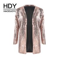 Hdy Haoduoyi Kadın Blazers Sonbahar Blazer Cepler Casual Uzun Kollu Gümüş Payetli Mont Sokak Turn-down Yaka Hırka SH190724 Suits