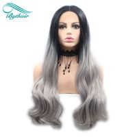 Bythair Long Body Wave Hair Black To Grey Ombre Wigs Synthetic Lace Front Wigs Heat Resistant Fiber Long Wavy Wig Middle Parting