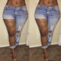 Toptan-Yeni Moda Kadınlar Seksi Sıkıntılı Zincir Denim Pantolon Boyfriend Kadınlar Delik Jeans F0R6 için kot Ripped tahrip
