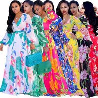 Kadınlar Gündelik Elbiseler Moda Çiçek Baskı Boho Maxi Plaj Elbise Derin V Uzun Kollu Şifon Tatil Bir Çizgi Partisi Artı Boyutu Giyim S-5XL