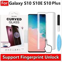 3D Curved Full Glue Adhesive UV Liquid Tempered Glass For Samsung S10 S10e Plus Fingerprint Unlock S9 S8 Note 9 Screen Protector with Light
