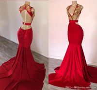 Sexy der neuen Ankunfts-Rote Nixe-Abschlussball-Kleid mit tiefem V-Ausschnitt Gold-Applikationen Backless Sweep Zug Abend Abendkleider Abendkleider ogstuff