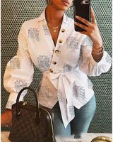 Newly Womens Button V Neck Letter Stampa Camicia Lace Up Ladies Single Breasted Autumn Lantern Sleeve Sleeve Top Blusa