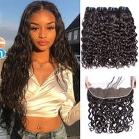 Free Shipping Water Wave Human Hair Bundles With Lace Frontal Virgin Peruvian 10-30inch Water Wet and Wavy Human Hair Extensions