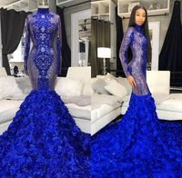 Sparkly Royal Blue Evening Pageant Kleider 2020 High Hals Langarm 3D Blumenschwarze Mädchen Mermaid Prom Kleid Vestidos de Fiesta