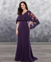 Plus Size Lace Dark Purple Mother Of The Bride Dresses Chiffon With Bolero Applique Shining Sequins Lace Chiffon Wedding Guest Dress