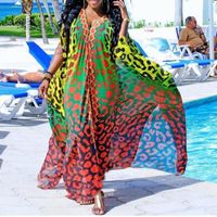 الصيف مثير السفر الأفريقي المرأة فساتين طويلة عارضة فضفاض ليوبارد مطبوعة عميق الخامس الرقبة الإناث قصيرة الأكمام المتضخم فستان ماكسي