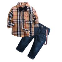 Baby Boy Roupas Outono Primavera Recém-nascido Conjuntos Infantil Roupa Cavalheiro Terno Camisa Xadrez + Laço + Suspender Calças 2 Pcs Ternos