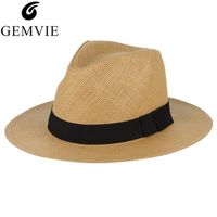 GEMVIE Nueva moda de verano del sombrero de Panamá Jazz clásico del sombrero de paja para hombres y mujeres Tejido Negro Band Fedoras Beach Sun unisex