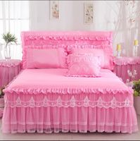 레이스 침대 침대 스커트 Pillowcases 핑크 로맨틱 웨딩 프릴 침대 커버 공주님 침대보 침대 시트 킹 퀸 트윈 크기 홈 섬유