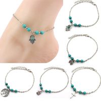 Charm Anklet Hand Tree Cross Round Pendant blue bead Silver color Plated Metal Chain for Women foot Anklet gilft