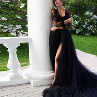 독특한 레이스 섹시한 V 넥 분할 전면 블랙 댄스 파티 드레스 환상 긴 소매 셔링 얇은 명주 그물 이브닝 가운