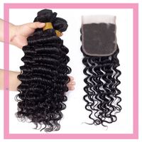 Peruvian Mink Human Hair 3 Bundles With 4X4 Lace Closure Deep Wave Curly 4 Pieces/lot Hair Extensions 8-28inch