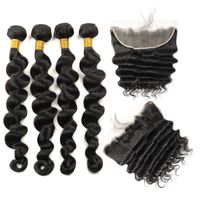 Ishow Indian Loose Deep Human Hair Bundles with Closure Kinky Curly Straight 3/4 Pcs with Lace Frontal Peruvian Body Wave for Women All Ages Jet Black Color 8-28inch