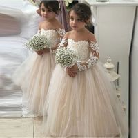 Güzel Uzun Kollu Şeffaf Boyun mücevher Düğün Çiçek Kız Elbise Çocuk Örgün Parti Elbise Aplike Dantel Kız Pageant Elbise